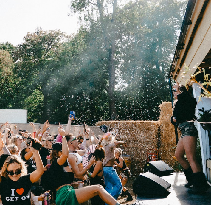 Festival crowd with fans at the front near the stage